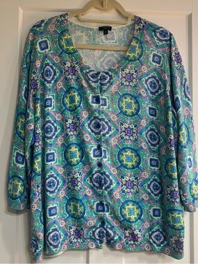 Talbots Blue-Green Multi Geometric Long Sleeve Top